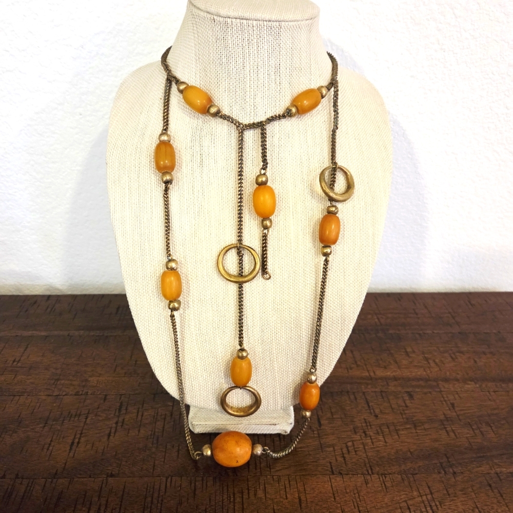 Rare VTG Butterscotch? Bakelite Chunky Bead Bib Brass Statement Long Necklace